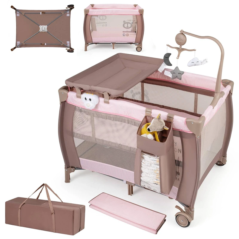GYMAX Baby Travel Cot, 3 in 1 Bassinet Bed (Pink)