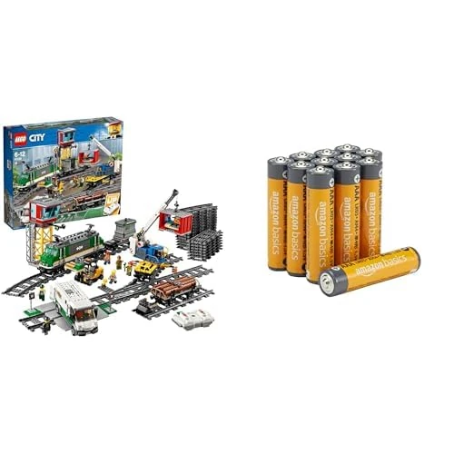 LEGO City RC Cargo Train, 32 tracks/signals, 6+ years, 60198, & Amazon Basics AAA Alkaline 12 pack, 10yr shelf