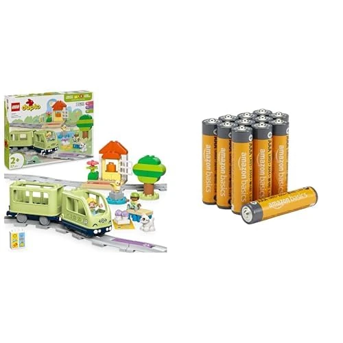 LEGO DUPLO Interactive Adventure Train, 14 tracks/sound, 2+ years, & Amazon Basics AAA Alkaline 12 pack, 10yr shelf