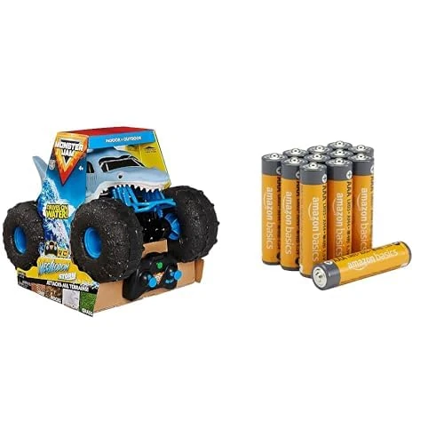 Monster Jam Megalodon Storm RC, 1:15, amphibious, 4+ years, & Amazon Basics AAA Alkaline 12 pack, 10yr shelf