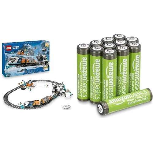 LEGO City Arctic Express RC Train, 22 tracks, 7+ years, 60470, & Amazon Basics AAA Rechargeable 12 pack, 850mAh