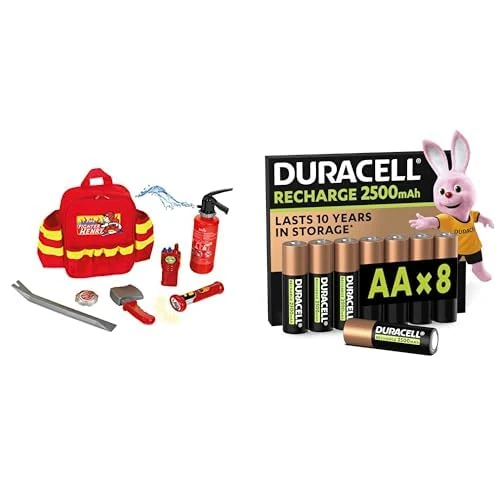 Theo Klein Fire Fighter Henry Backpack, LED torch, 3+ years, & Duracell AA Rechargeable 8 pack, 2500mAh