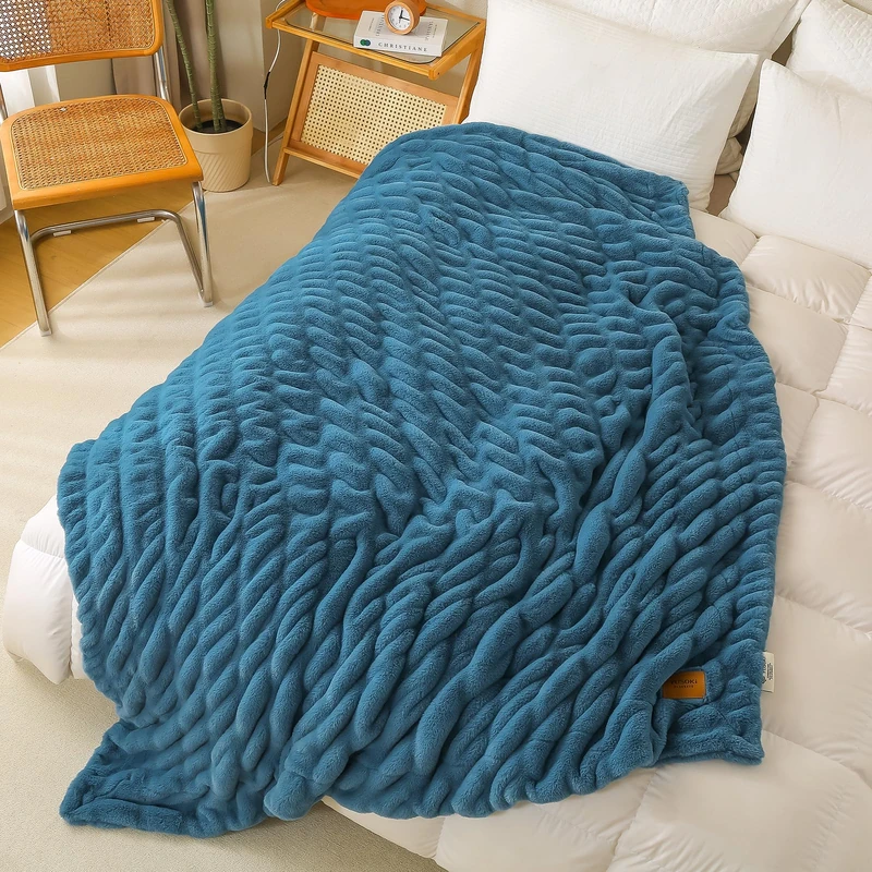 YUSOKI Luxury Double Side Faux Rabbit Fur Throw Blanket for Couch, Ultra Soft Fluffy Throw Gifts, Plush Thick Warm Luxury Decor Gifts for Home (Slate Blue, Medium (50 X 60 inches))
