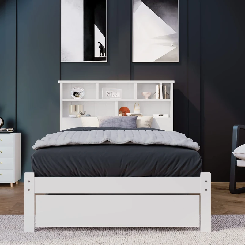 Ball & Cast Single Bed Frames with Headboard Bookshelves, 5 Storage Compartments, Wooden Bed Frame with Underbed Drawer, 3FT Single Bed with Storage, White, 90x190cm