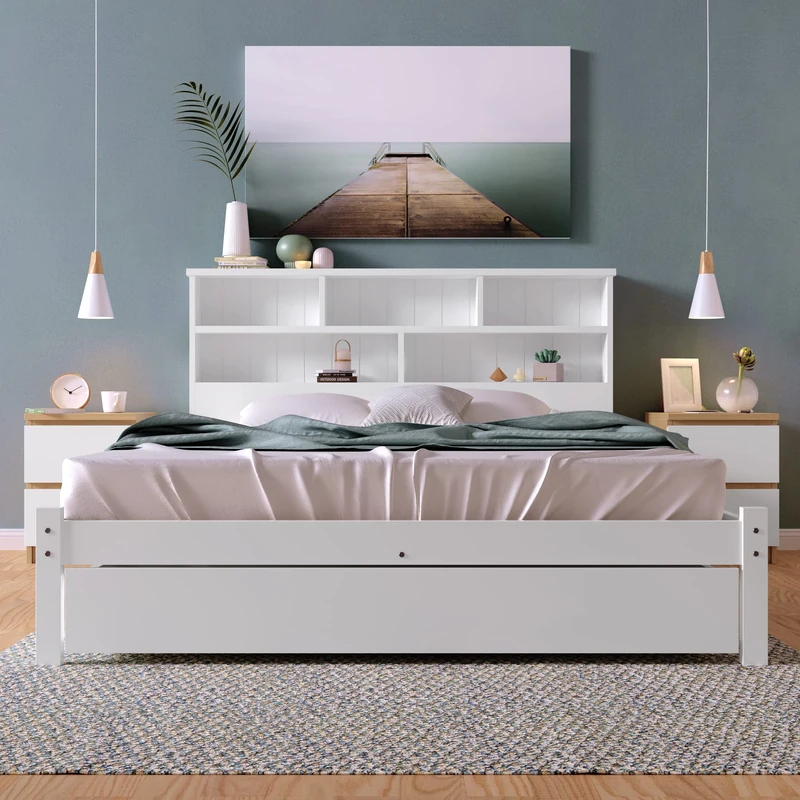 Ball & Cast Double Bed Frames with Headboard Bookshelves, 5 Storage Compartments, Wooden Bed Frame with Underbed Drawer, 4FT6 Double Bed with Storage, White, 135x190cm