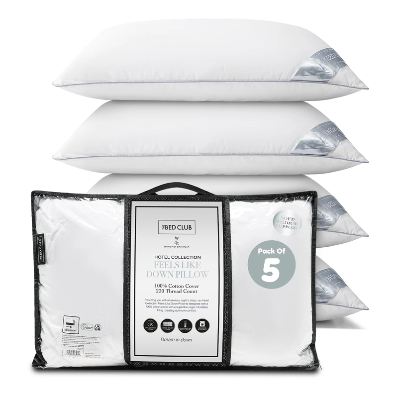 GC GAVENO CAVAILIA Hotel Collection Soft Pillow 5 Pack | Bounce-Back Neck Support Pillow With 100% Cotton Cover | Hypoallergenic Hotel Quality Pillows For Sleeping Back & Side Sleepers Pillow 74x48cm