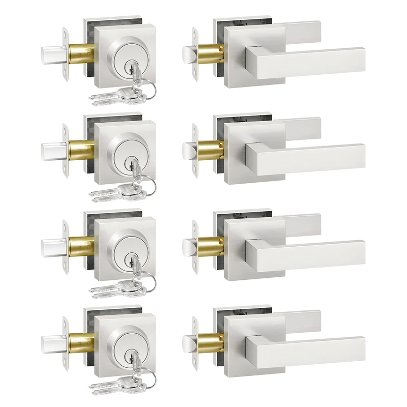 Camtek Front Door Handle and Deadbolt Sets, Exterior Door Lock with Single Cylinder Deadbolt Lock, Flat Square Passage Brushed Nickel Door Handles for Front Door, 4 Pack (All Same Keyed Alike)