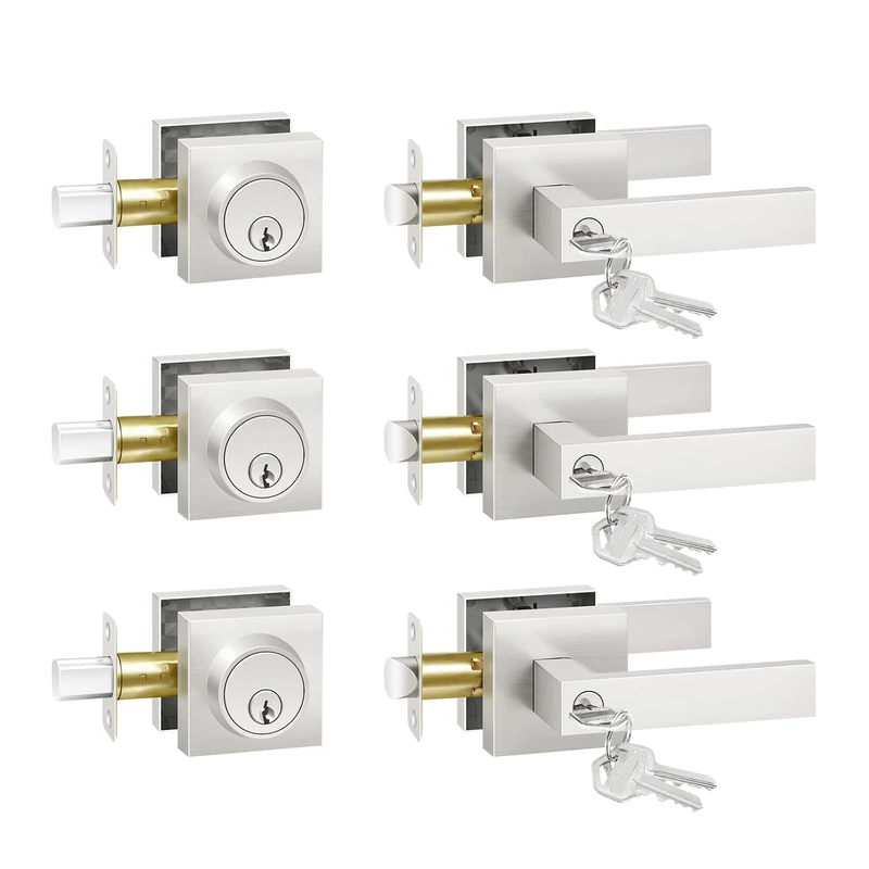 Camtek Front Door Lock Set with Deadbolt, Exterior Door Handle with Single Cylinder Deadbolt Lock, Flat Square Brushed Nickel Door Handles with Key for Front Door, 3 Pack (All Same Keyed Alike)