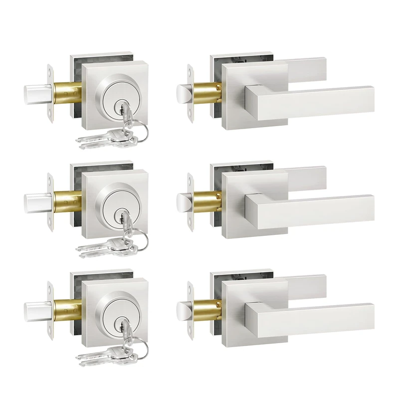 Camtek Front Door Lock Set with Deadbolt, Exterior Door Handle with Single Cylinder Deadbolt Lock, Flat Square Passage Brushed Nickel Door Handle with Key for Front Door, 3 Pack (All Same Keyed Alike)