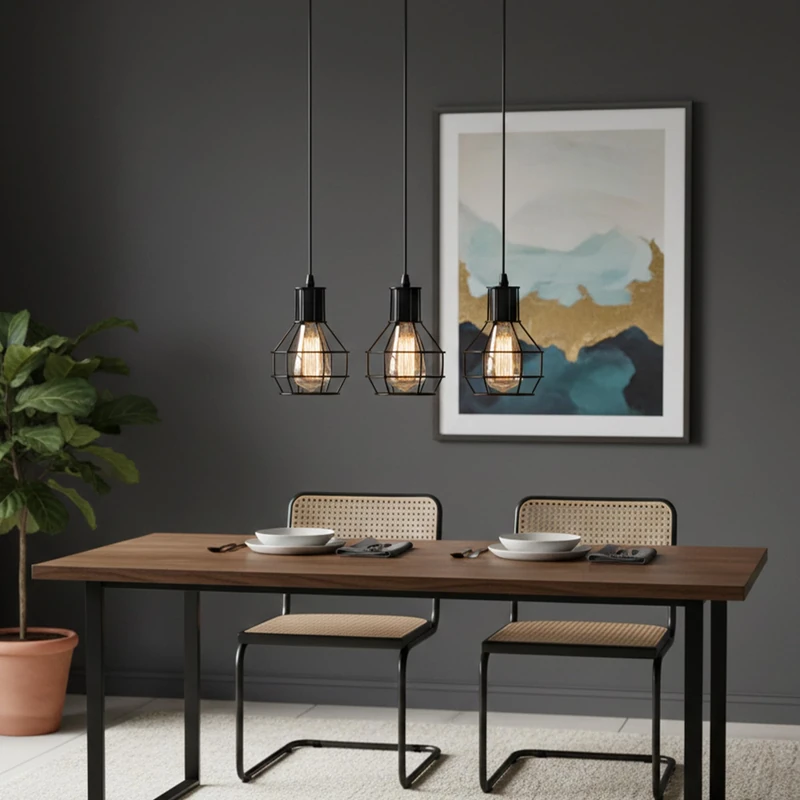 LEDSone Industrial 3 Light Pendant - Black Metal Cage Fixture