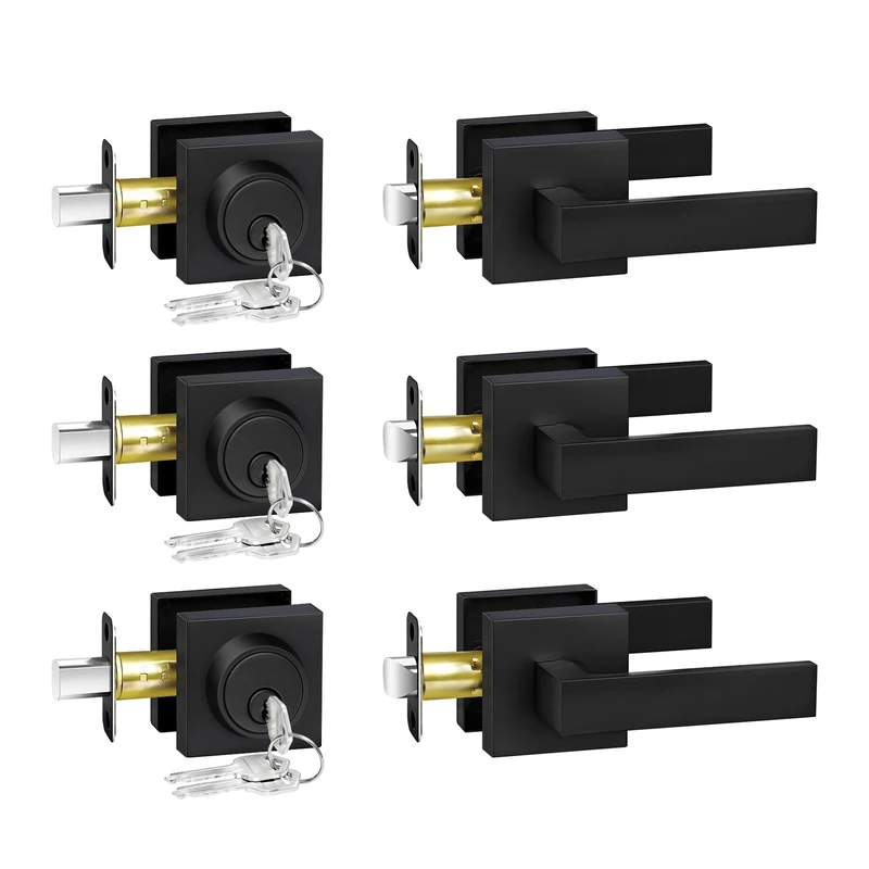 Camtek Front Door Lock Set with Deadbolt, Exterior Door Handle with Single Cylinder Deadbolt Lock, Matte Black Flat Square Passage Door Handle with Key for Front Door, 3 Pack (All Same Keyed Alike)