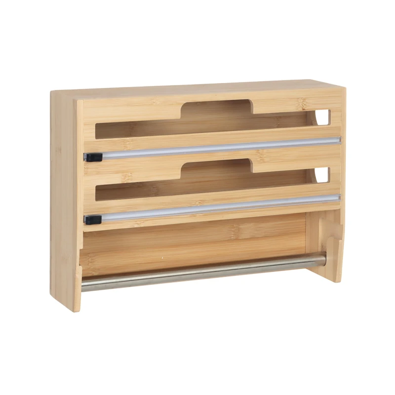 Relaxdays Wall Roll Holder 3 in 1 for Kitchen Roll, Aluminium Foil, Cling Film, Bamboo, H x W x D: 25 x 37 x 10 cm, Natural