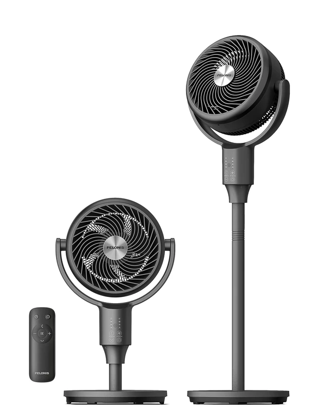 PELONIS Pedestal Fan, Air Circulator, Ultra OmniFlow (135°+85°Auto Oscillation), Quiet Floor Fan with 3 Speeds, Remote, 6H Timer, Memory Function, Adjustable Height, Standing Fan for Bedroom