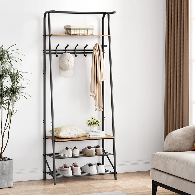 GarveeHome Coat Rack, 4-in-1 Clothes Rack with Shoe Racks and 5 Removable Hooks, 64 x 29 x 180 cm Freestanding Clothes Rack for Hallway, Living Room, Entrances