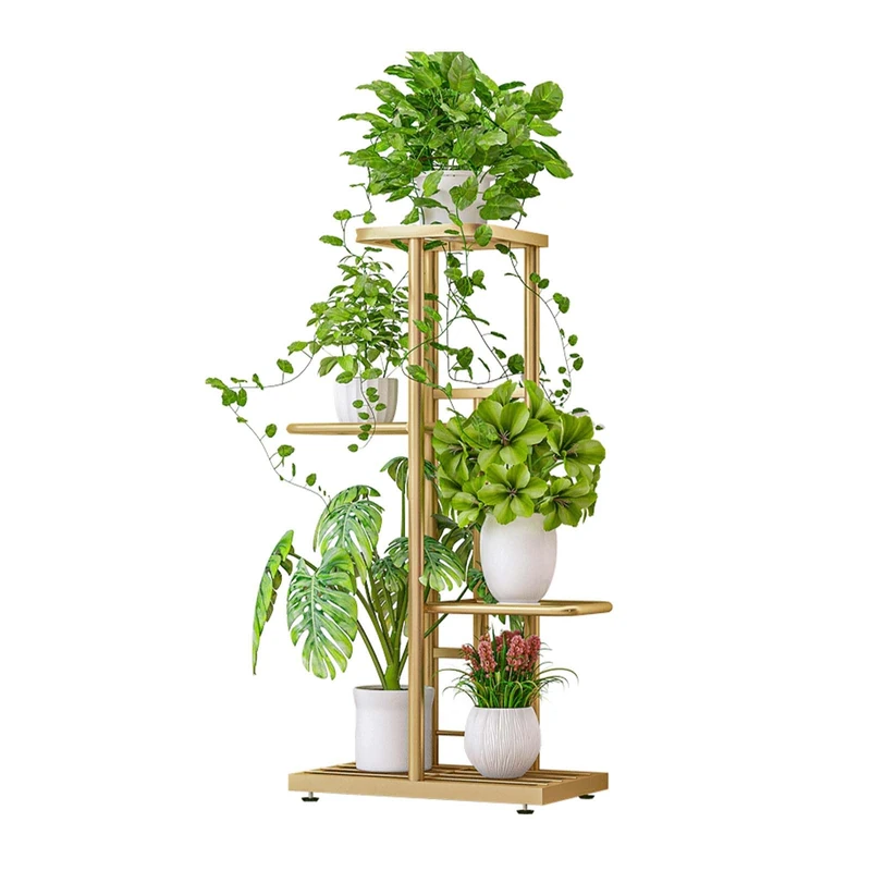 Garvee Flower and Plant Stand, Tall Metal Flower Stool with 4 Tiers, Plant Shelf, Space-Saving Decorative for Indoor, Living Room, Balcony and Corner, Wood Colour - Image 1