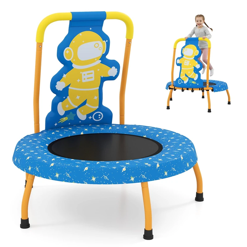 SPOTRAVEL Mini Trampoline for Kids, Cute Children Rebounder Trampoline with Foam Handle and Safety Padded Cover, Indoor Outdoor Toddler Trampolines for 3-6 Years Old (Blue)