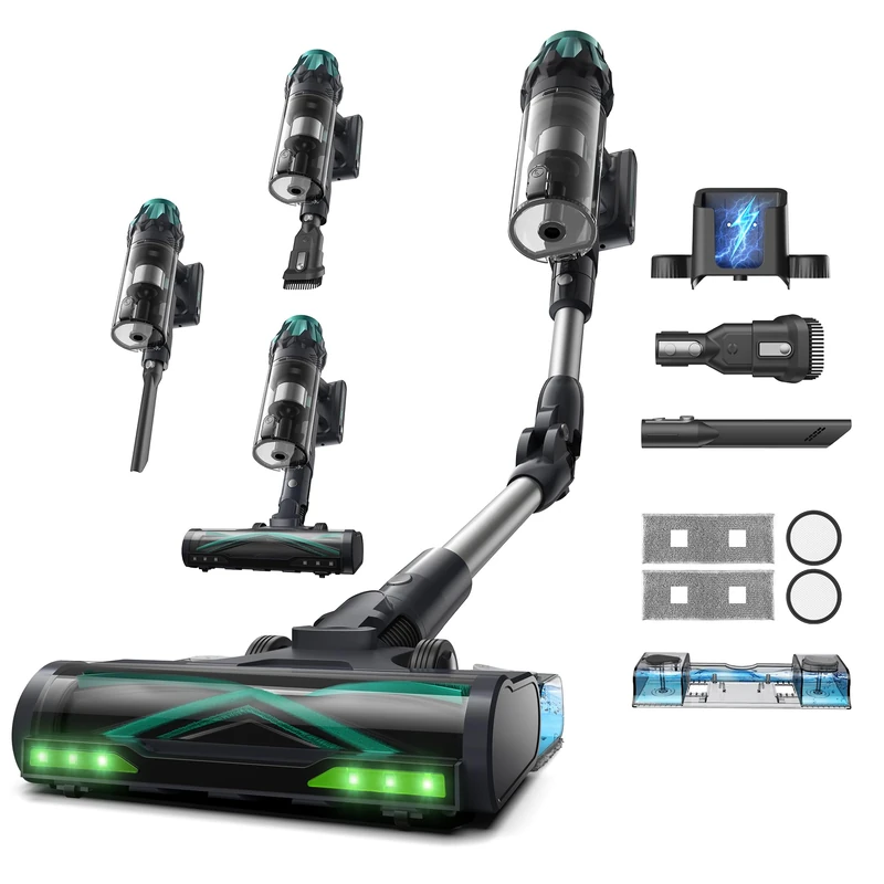 Vexilar V15Max Cordless Vacuum Cleaner with Mop, 65KPA/600W/60Mins, Flexible Foldable Tube, Green LED, 1.5L Dustbin, Self-Standing, Wall Mount Charging, Anti-Tangle Stick Vacuum for Carpet Pet Hair