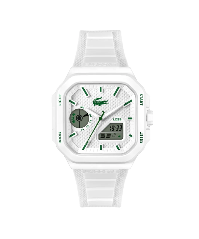 Lacoste Three Hand Quartz Movement Watch White LC33 Square Collection with White Silicone Bracelet - 2011506
