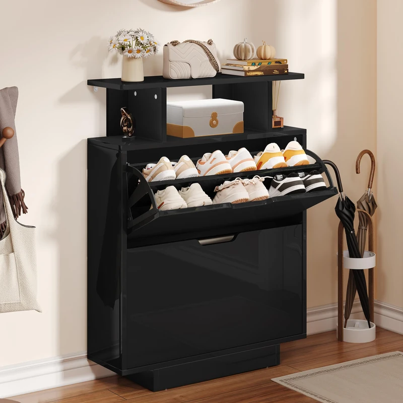 YITAHOME Shoe Storage Cabinet, High Gloss Slim Black Shoe Cabinet, Space Saving Shoe Cupboard with 2 Flip Drawers for Hallway, Entryway, Living Room, 80W x 24D x 106H cm