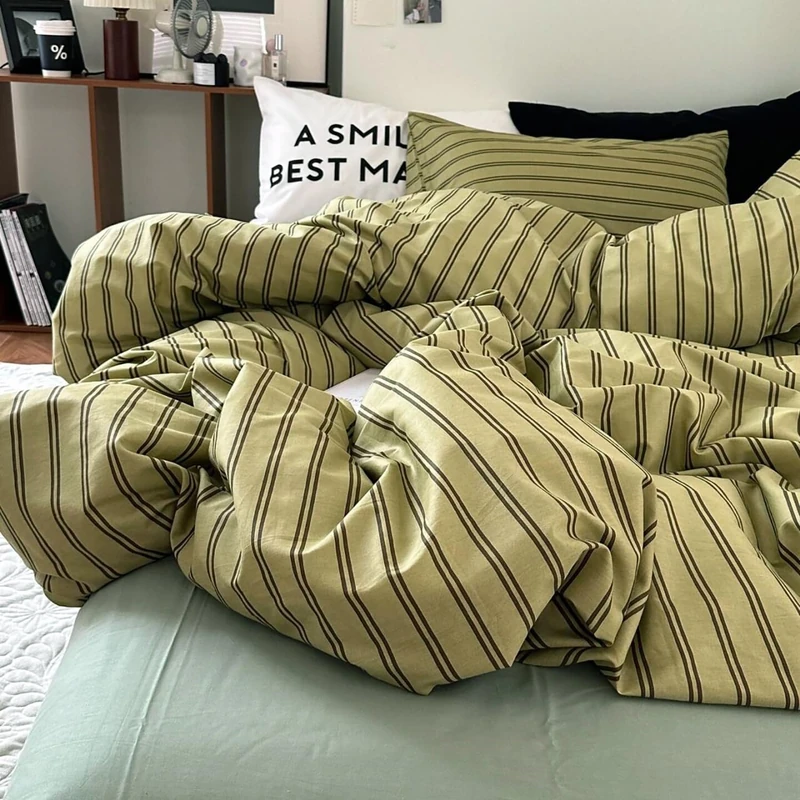 mixinni Vintage Mid-Century Striped Comforter Set Twin XL - 3 Pieces 1 Fluffy Comforter&2 Pillowcases, Olive Green & Dark Brown Retro Striped Bed Set, All Season Lightweight & Breathable