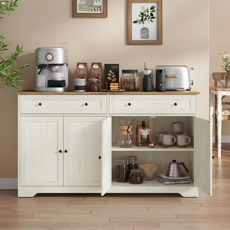 VASAGLE Collection - Storage Cabinet, Farmhouse Buffet Cabinet with 2 Drawers and Adjustable Shelves, 4 Doors, Sideboard, Coffee Bar, 40 x 140 x 80 cm, Rustic White and Honey Brown SIREN LSC541WJ01