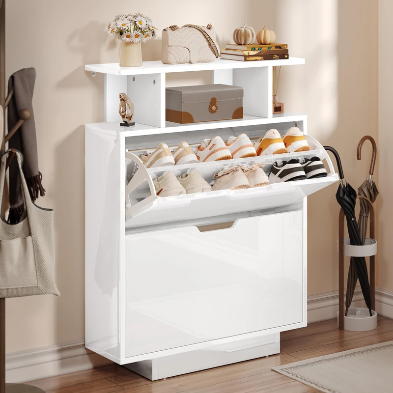 YITAHOME Shoe Storage Cabinet, High Gloss Slim Shoe Cabinet, Space Saving Shoe Cupboard with 2 Flip Drawers for Hallway, Entryway, Living Room, 80W x 24D x 106H cm, White