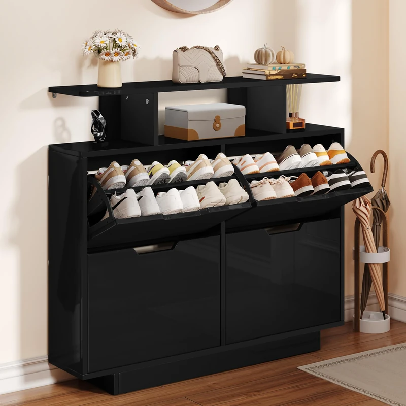 YITAHOME Shoe Storage Cabinet with 4 Flip Drawers, High Gloss Black Shoe Cabinet for 16-24 Pairs of Shoes for Hallway, Entryway, Living Room,120W x 24D x 106H