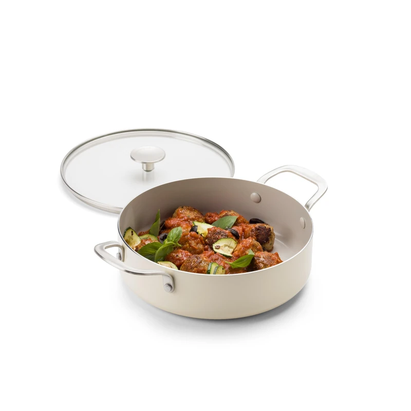 KitchenAid Aluminium Ceramic Non-Stick Sauté Pan with Glass Lid and Auxiliary Handle, 28 cm / 4.28 L, PFAS-Free, Induction Safe, Stainless Steel Handle, Oven Safe, Dishwasher Safe, Cream White