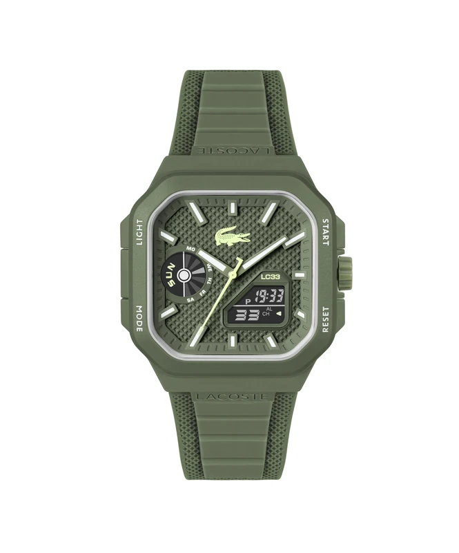 Lacoste Three Hand Quartz Movement Watch Green LC33 Square Collection with Green Silicone Bracelet - 2011505