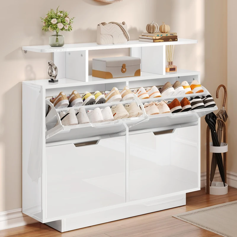 YITAHOME Shoe Storage Cabinet with 4 Flip Drawers, High Gloss Shoe Cabinet for 16-24 Pairs of Shoes for Hallway, Entryway, Living Room, White, 120W x 24D x 106H