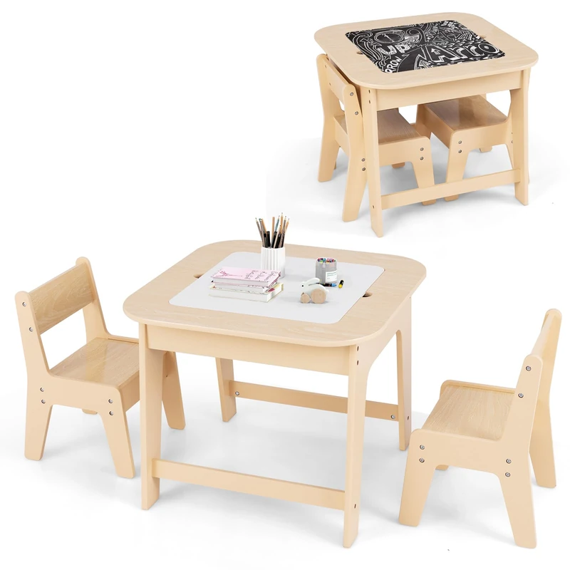GYMAX Kids Table and Chair Set, Children Activity Desk with Removable Blackboard/Whiteboard Tabletop & Hidden Storage Space, Wooden Toddler Furniture Set for Drawing Playing Learning (Natural)