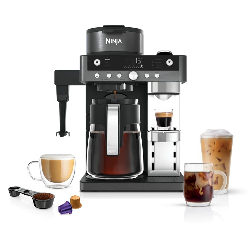 Ninja Prestige 2-in-1 Filter Coffee and Pod Capsule Machine with Built-in Milk Frother, Make Lattes, Iced Coffee and Flat Whites, Gunmetal CFN802UKGM