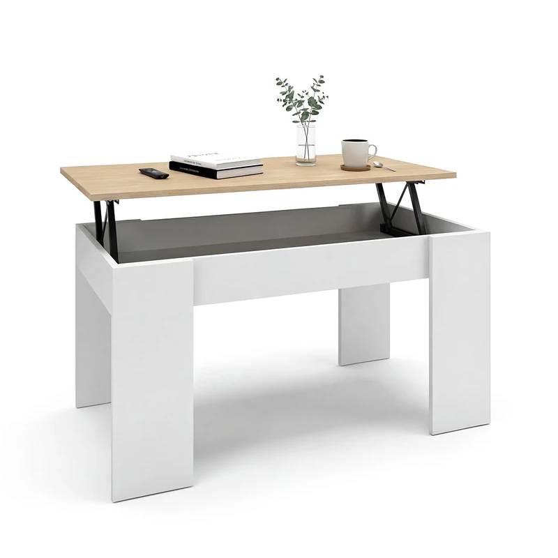 duehome | Lift-up Coffee Table, Living Room Dining Table, Finish in Artik White and Canadian Oak, Norak Model, Dimensions: 90 cm (L) x 50 cm (W) x 33.8/45.2 cm (H)