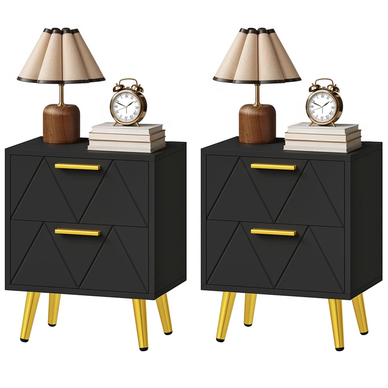 DWVO 2-Drawer Nightstand Set of 2, Compact Bedside Storage Cabinets with Shelves, Small End Tables for Bedroom Living Room or Office, Black and Gold