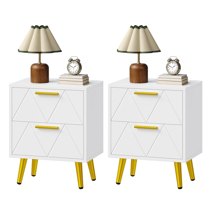 DWVO 2-Drawer Nightstand Set of 2, Compact Bedside Storage Cabinets with Shelves, Small End Tables for Bedroom Living Room or Office, White and Gold