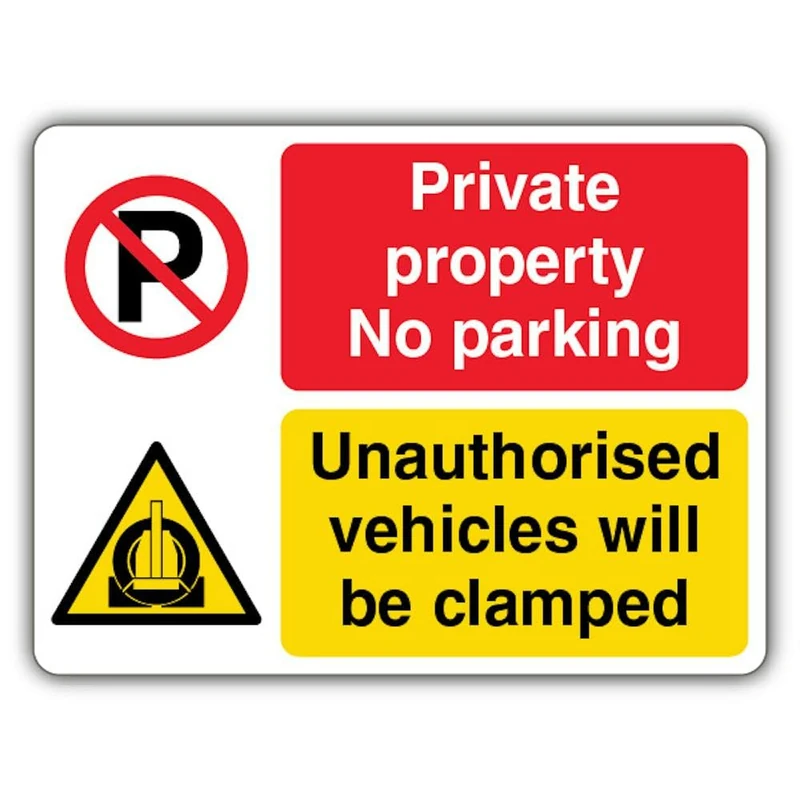 V Safety Photoluminescent Private - No Parking - Vehicles Will Be Clamped - Landscape Safety Sign - 400 x 300 mm - 1.2mm Rigid Plastic - Triple Glow