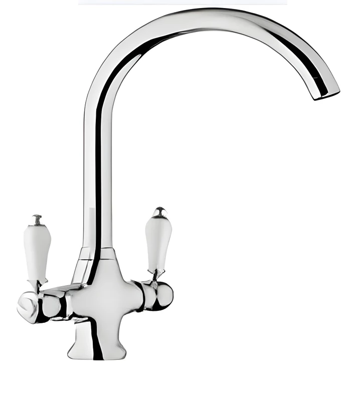 Classic Kitchen Mixer Genova, with Swivel Spout and Twin levers with White Ceramic Look