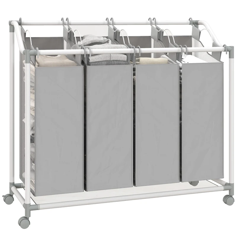 HOMCOM Laundry Basket with 4 Compartments, 160 L Laundry Hamper with Wheels, Removable Laundry Bag, Laundry Baskets, Laundry Box, Laundry Sorter, Laundry Trolley for Laundry Room, Bedroom, Bathroom