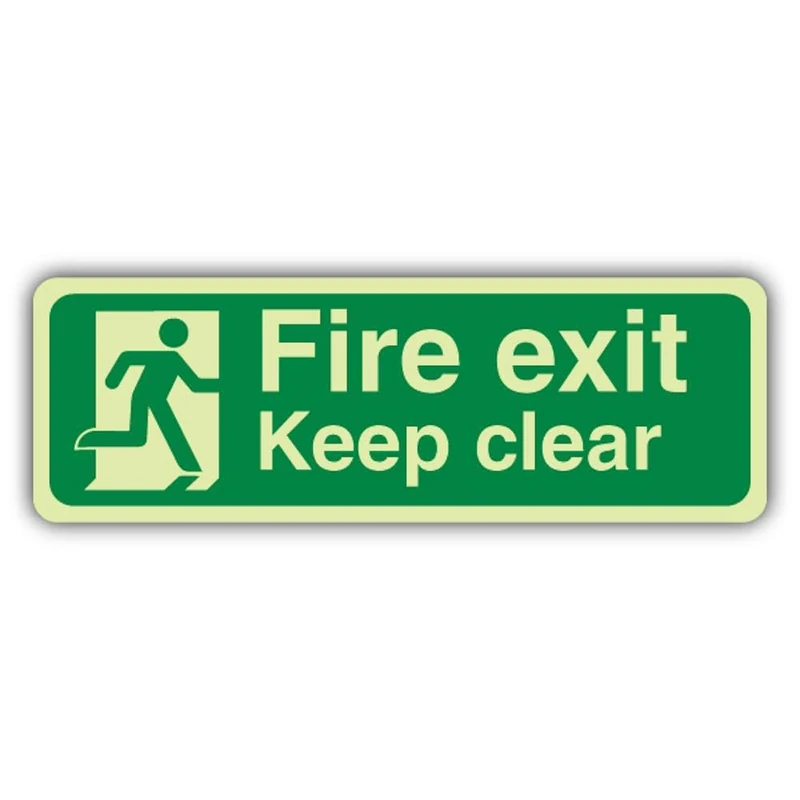 V Safety Photoluminescent Fire Exit Keep Clear With Running Man Safety Sign - 600 x 200 mm - Self Adhesive Vinyl - GloReflect