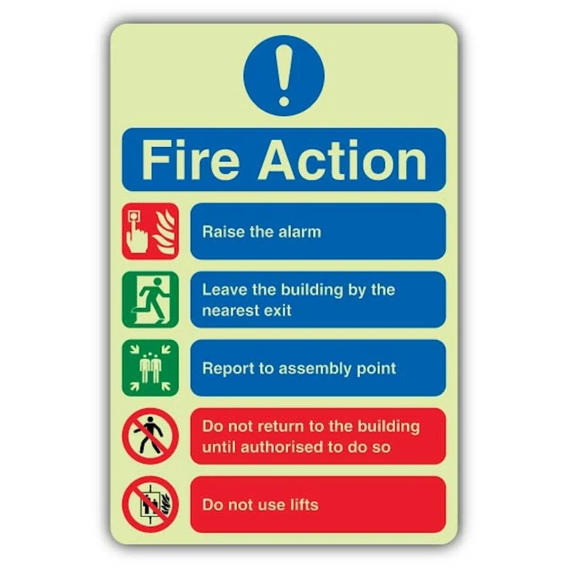 V Safety Photoluminescent 5 Point Fire Action Notice - Do Not Use Lifts Safety Sign - 300 x 450 mm - 1.2mm Rigid Plastic - Triple Glow