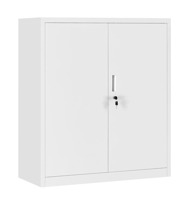 MMT Furniture Designs Ltd Small Steel Cabinet - 2 Door 2 Shelf Lockable Filing Cabinet - Metal Storage Cupboard for Home, Office Documents, Files, Kitchen, Pantry & Garage - White