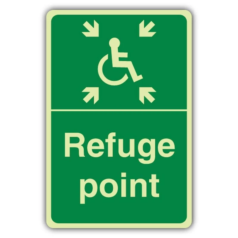 V Safety Photoluminescent Refuge Point With Arrows Safety Sign - 300 x 450 mm - 3mm Aluminium Composite - Double Glow