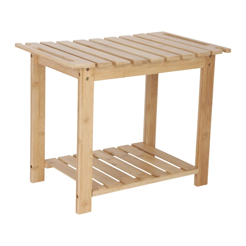 Relaxdays Bamboo Stool with Shelf, Handles, Document Holder, 42 x 53 x 33 cm, Natural Colour