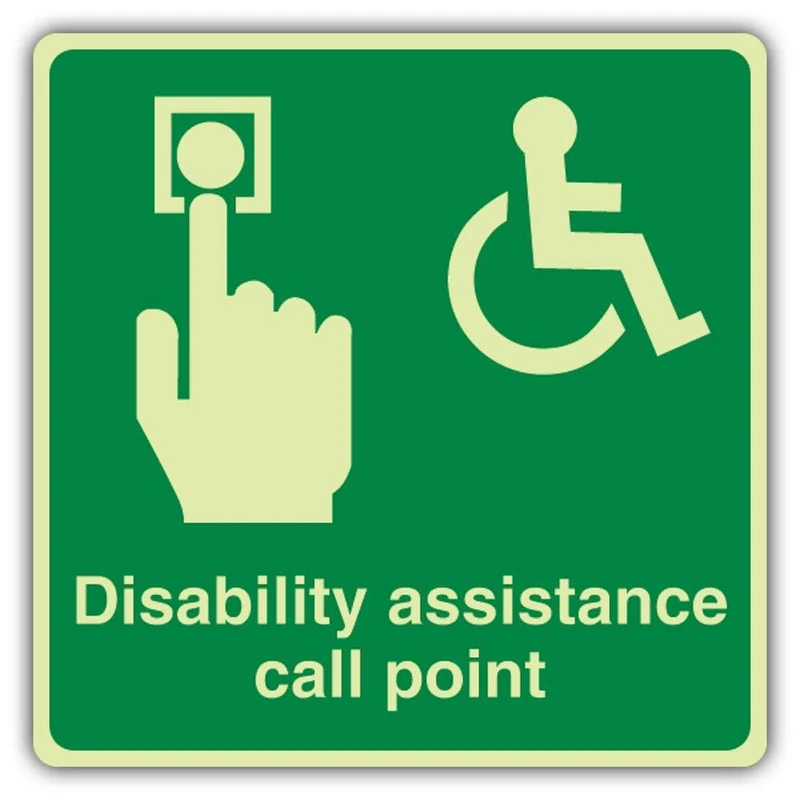 V Safety Photoluminescent Disability Assistance Call Point - Green - Square Safety Sign - 450 x 450 mm - 3mm Aluminium Composite - Standard Glow - Image 1
