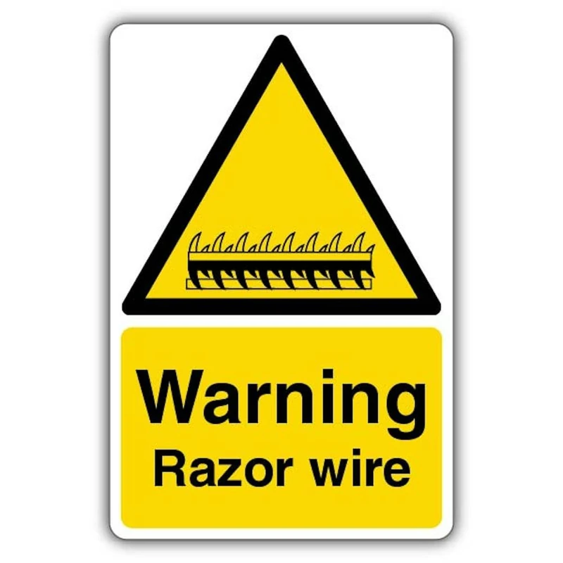 V Safety Warning Razor Wire Safety Sign - 400 x 600 mm - Glow In The Dark Self Adhesive Vinyl - Image 1