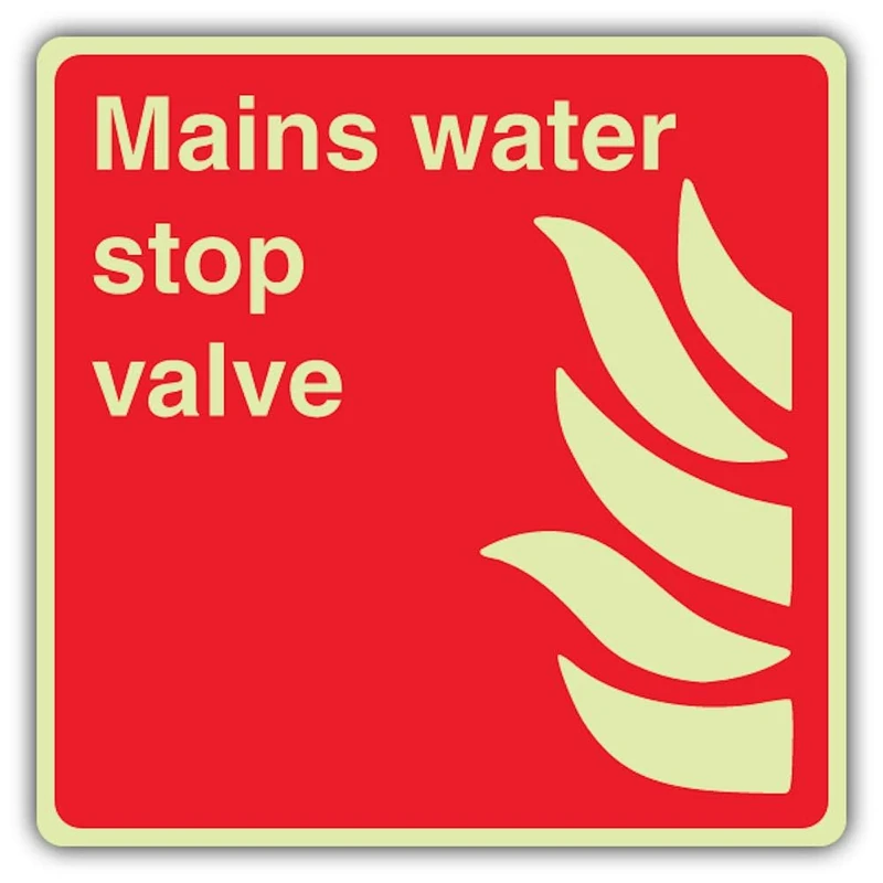 V Safety Photoluminescent Mains Water Stop Valve - Square Safety Sign - 450 x 450 mm - 1.2mm Rigid Plastic - Triple Glow