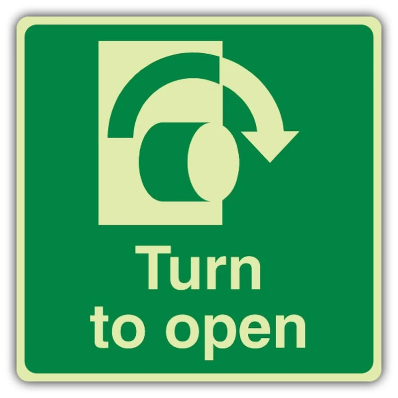 V Safety Photoluminescent Turn To Open Clockwise - Square Safety Sign - 450 x 450 mm - 1.2mm Rigid Plastic - Triple Glow