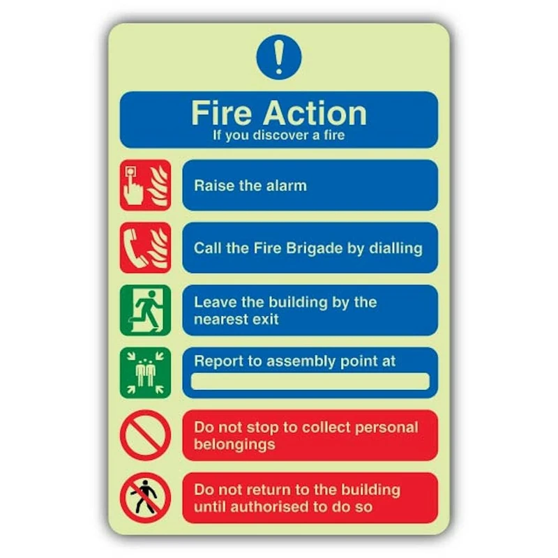 V Safety Photoluminescent Fire Action - If You Discover A Fire Safety Sign - 300 x 450 mm - 1.2mm Rigid Plastic - Triple Glow