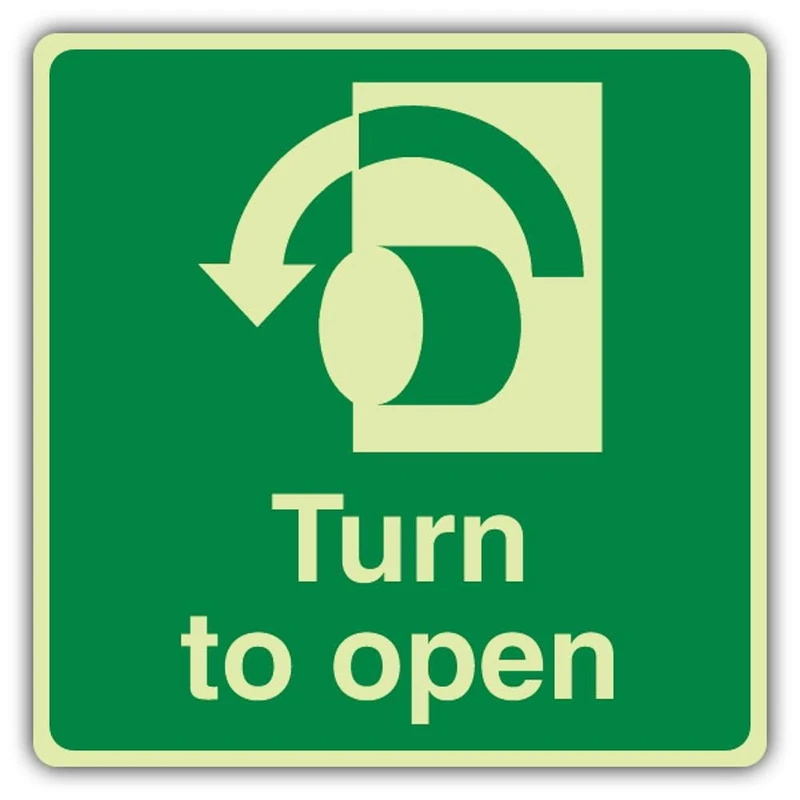 V Safety Photoluminescent Turn To Open Anti-Clockwise - Square Safety Sign - 450 x 450 mm - Self Adhesive Vinyl - Double Glow