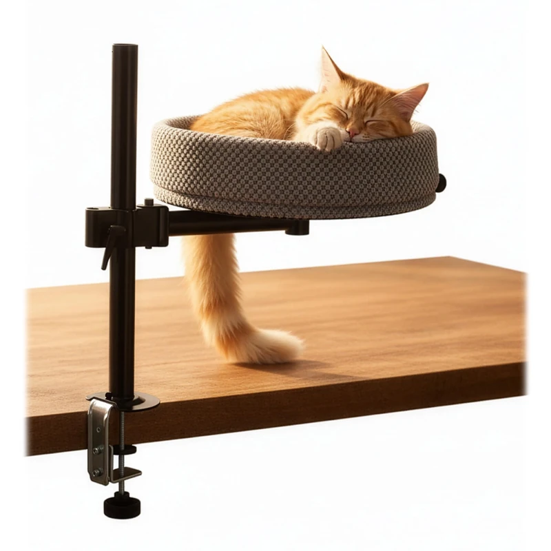 Relaxdays Desk-Mounted Cat Bed, Height-Adjustable, 360° Swivel, Up to 20kg, Ø 38cm, Grey/Black, 56x50x38cm